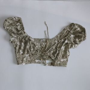 Garage Olive White Puff Sleeve Tie Front Peek a Boo Crop Top